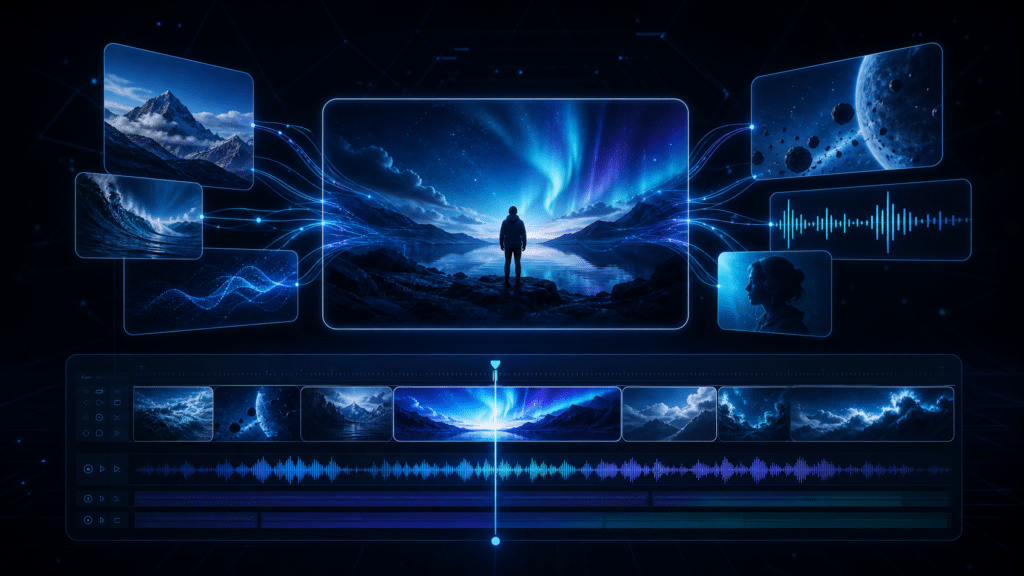 Ilustración futurista de una interfaz de IA multimodal que combina texto, imagen, audio y vídeo para generar contenido audiovisual.