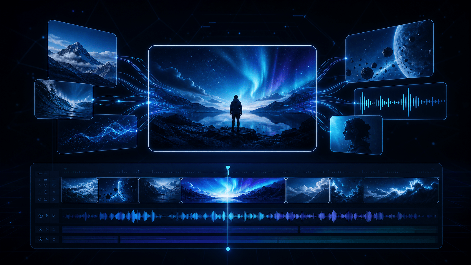Ilustración futurista de una interfaz de IA multimodal que combina texto, imagen, audio y vídeo para generar contenido audiovisual.