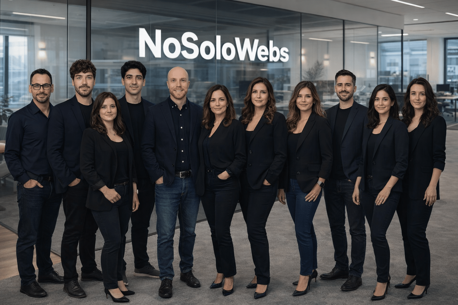 Foto de grupo del equipo de NoSoloWebs de pie en una oficina profesional con el logo detrás.